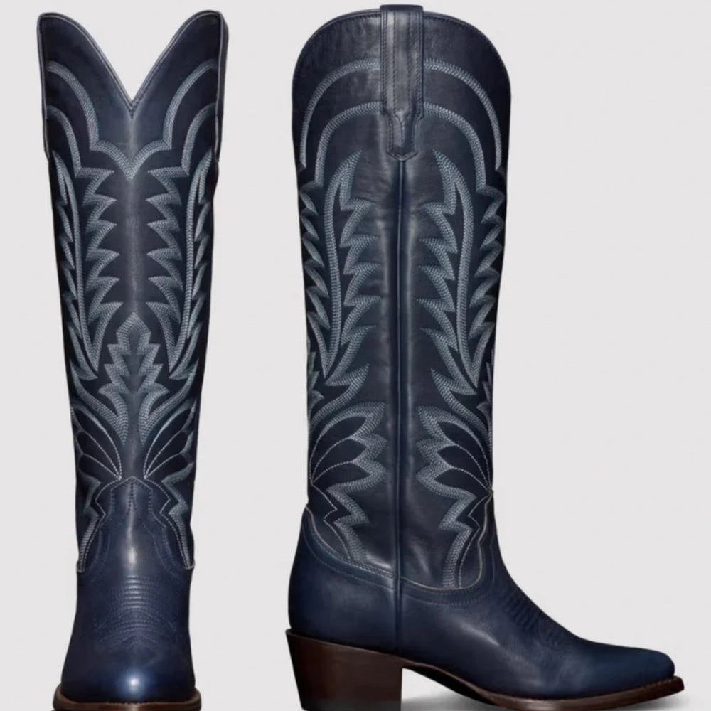 Tecovas Blue Heeled Western Boots with Decorative Stitching